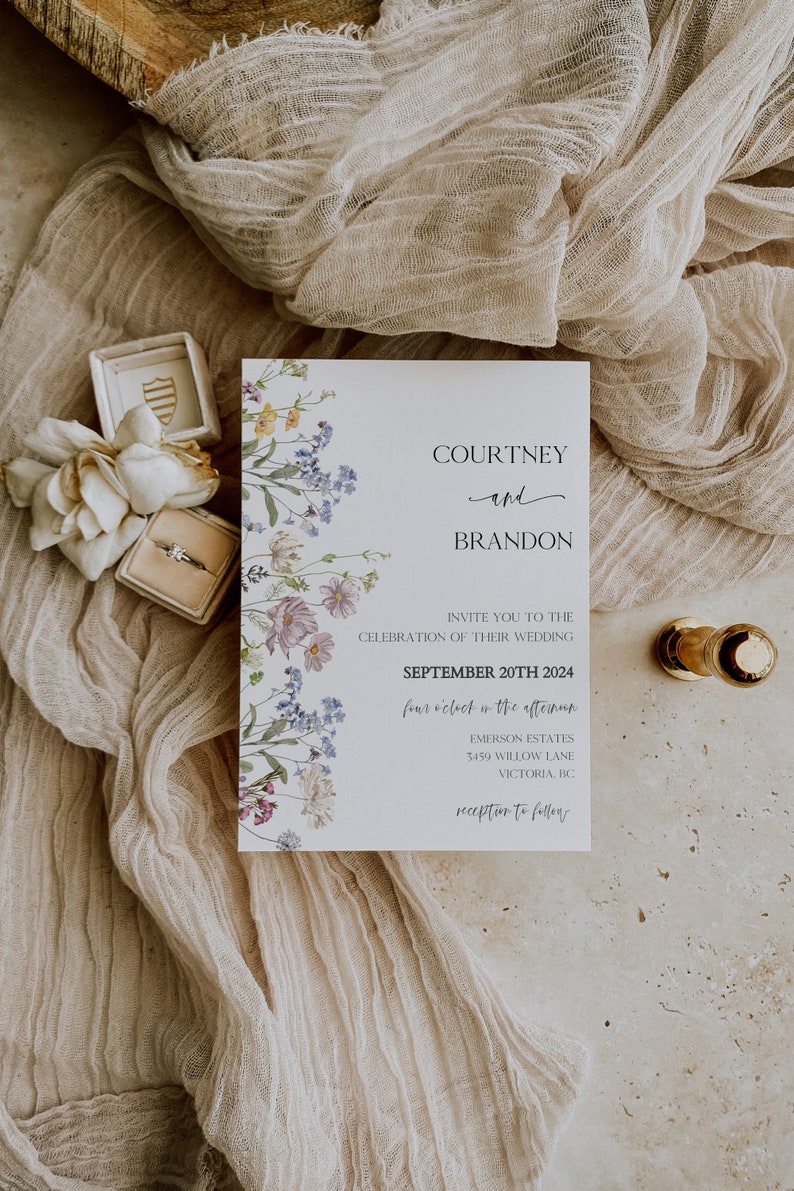 MILLIA Flower Wedding Invitation Template Floral Boho Wedding Invitations Wildflower Wedding Invite Photo Editable Wedding Invite image 2