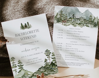 Forest Bachelorette Party Invitation Template | Mountain Bachelorette Weekend Itinerary | Editable Pine Tree Bachelorette Party Invitation