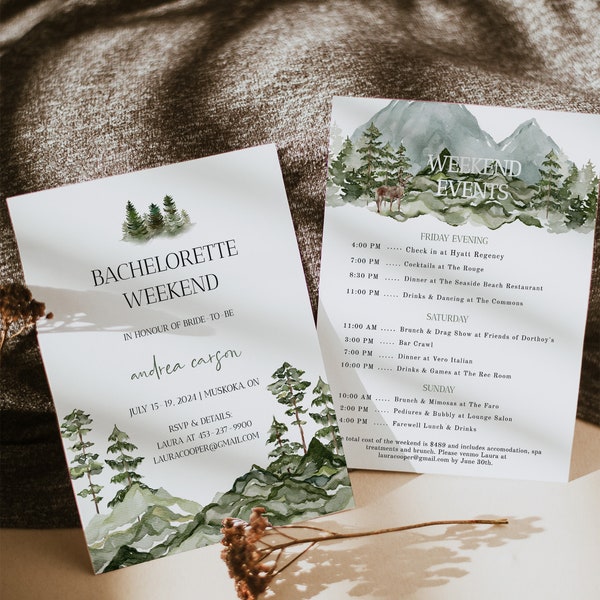 Forest Bachelorette Party Invitation Template | Mountain Bachelorette Weekend Itinerary | Editable Pine Tree Bachelorette Party Invitation