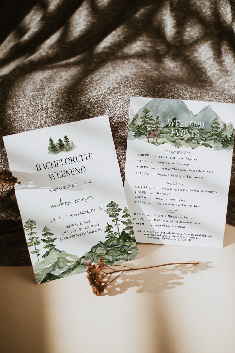 Forest Bachelorette Party Invitation Template Mountain Bachelorette Weekend Itinerary Editable Pine Tree Bachelorette Party Invitation image 1