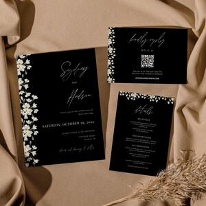 ARIA Black floral Wedding Invitation Set | Boho Minimalist Wedding Set Template | Editable Flower Wedding Invitation | Printable Download