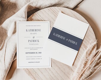 Navy Blue Minimalist Wedding Invitation | Simple Blue Wedding Invite | Editable Classic Wedding Invitation Template | Editable & Printable