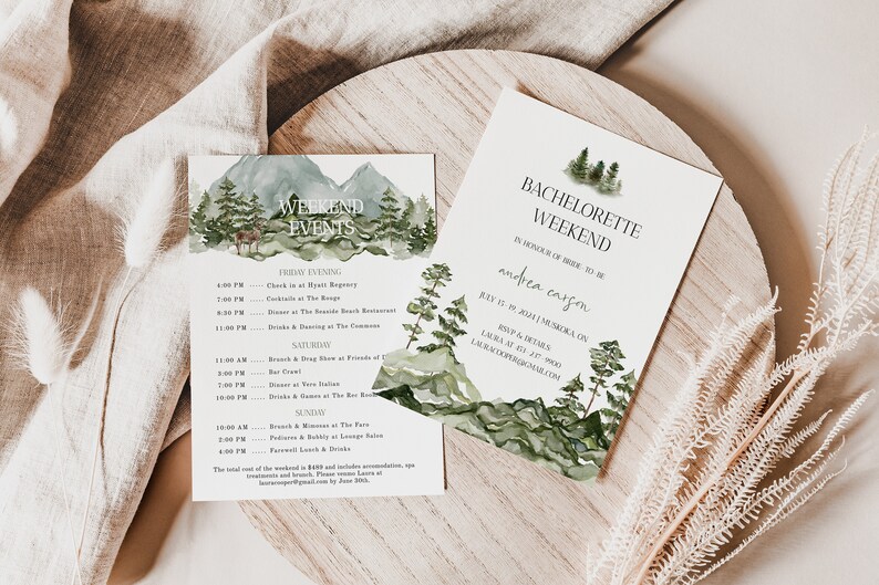 Forest Bachelorette Party Invitation Template Mountain Bachelorette Weekend Itinerary Editable Pine Tree Bachelorette Party Invitation image 2