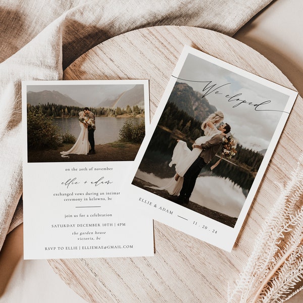 ELLE Minimalist Elopement Announcement Template | Boho Photo Elopement Reception Card | Editable We Eloped Announcement | Printable Download