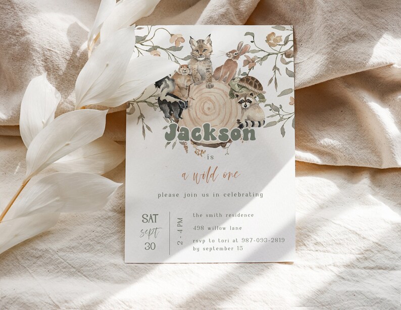 Woodland Animals First Birthday Invitation Template 1st Birthday Invitation Boy Birthday Animals Invitation Birthday Girl Invitation image 1