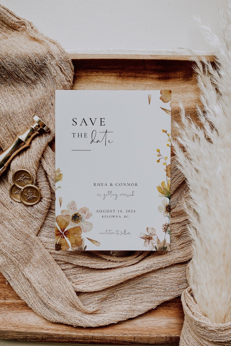 EVA Pressed Wildflower Save The Date Invitation Floral Save Our Date Invite Printable Boho Wedding Save The Date Editable Template image 1