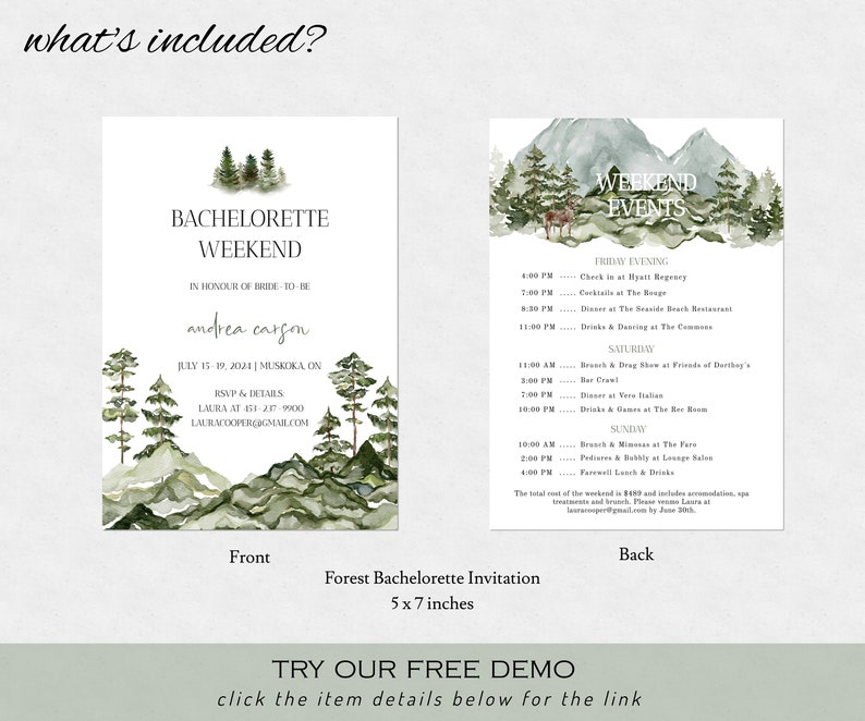 Forest Bachelorette Party Invitation Template Mountain Bachelorette Weekend Itinerary Editable Pine Tree Bachelorette Party Invitation image 5