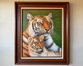 Pintura al óleo de tigre vintage: firmada por J. Rico, lienzo enmarcado