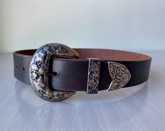 Cinturón de piel marrón oscuro para mujer: hebilla estilo western argentino, talla M