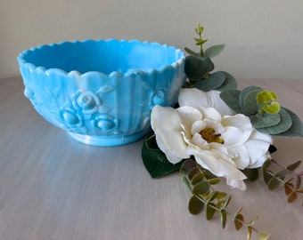 Vintage Fenton Blue and White Slag Milk Glass Embossed Cabbage Roses Bowl Swirl Marble