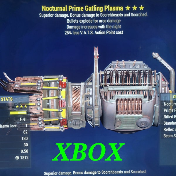 fallout 76 NOCTURNAL EXPLOSIVE gatling plasma 25% less vats cost 3 star level 30 god roll fast friendly delivery