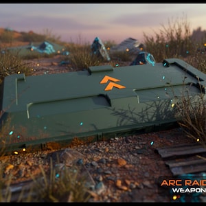 May include: An olive green weapon case with orange arrow markings, set in a desolate, outdoor environment. The case is rectangular with a slightly curved top. The text "ARC RAIDERS WEAPON CASE" is visible at the bottom.