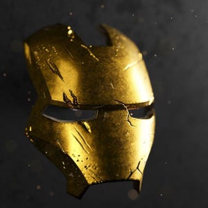 May include: A metallic gold-coloured face mask featuring a stylised robotic design with angular eye cutouts and a weathered, distressed surface texture showing multiple scratches and fine cracks across the forehead and cheek areas.