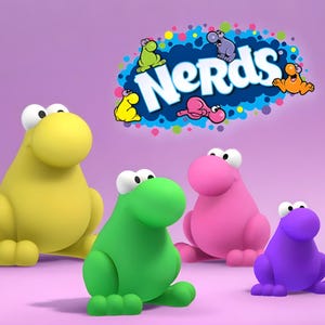 May include: Four smooth, rounded, cartoon-style figures in yellow, green, pink, and purple, each with two white eyes. Above them, the word "NERDS" appears in white letters on a blue, cloud-like shape surrounded by small, colourful dots.
