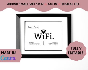 May include: A black framed printable sign with the text "but first, WiFi." and a WiFi symbol. The sign also includes the words "Network: InsertNameHere" and "Password: 12345678910".