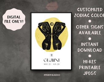 Gemini Wall Art | Gemini Birthday Gift | Zodiac Wall Art | Zodiac Print | Printable | Digital File | Printable Wall Art |Custom Color Zodiac
