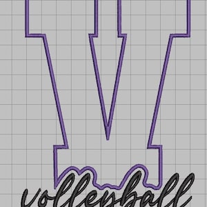 May include: A digital embroidery design featuring a large, purple, block-style letter V with a double-line outline. The word volleyball is written in a black, cursive script font positioned across the lower portion of the letter V.