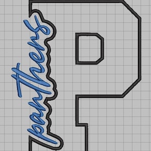Puede incluir: Un diseño de bordado que presenta una letra P grande de estilo bloque con un contorno negro. Superpuesta en el lado izquierdo de la letra está la palabra Panthers escrita en una fuente cursiva azul con un contorno negro, sobre un fondo de cuadrícula gris.