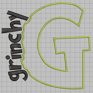 May include: An embroidery design featuring a large lime green letter G outlined in a thick stitch. The word Grinchy is embroidered in dark gray, vertically oriented along the left side of the letter G, set against a light gray grid background.