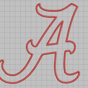 May include: A digital embroidery design file featuring a stylized letter A in a bold, red outline. The letter is rendered with a double-line border effect and is positioned against a light gray background with a visible grid pattern overlay.