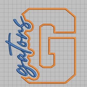 May include: An embroidery design featuring a large orange block letter G with a thick outline. Overlaid on the left side of the letter is the word Gators written in a blue cursive script font with a matching orange outline on a gray grid background.