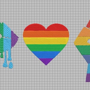 Könnte beinhalten: Drei regenbogenfarbene Symbole: ein tropfender Kuss, ein Herz und eine geballte Faust. Jedes Symbol besteht aus sechs horizontalen Streifen in den Farben der Regenbogenflagge.