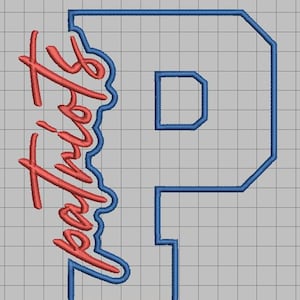 May include: An embroidery design featuring a large, block-style letter P outlined in blue thread. Overlaid on the left side of the letter P is the word Patriots written in a red, cursive script font, also outlined in blue thread on a grid background.