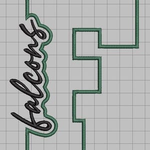 May include: An embroidery design featuring a large block letter F outlined in dark green thread. The word Falcons is stitched in black cursive script along the left vertical bar of the letter F, also outlined in dark green thread on a grid.