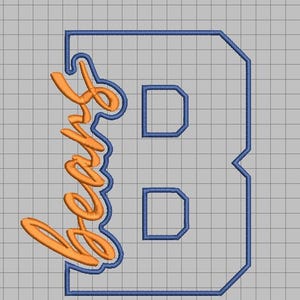 Puede incluir: Un diseño de bordado digital que presenta una letra B mayúscula grande de estilo bloque delineada con hilo azul. Superpuesta en el lado izquierdo de la letra está la palabra Bears escrita en una fuente cursiva naranja con un contorno azul.