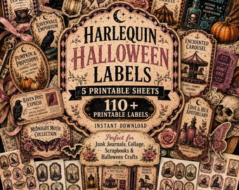 95 Victorian Halloween Labels | Cottagecore Spooky Ephemera | Raven Pumpkin Moth Apothecary Labels | Junk Journal Printable | 5 Sheet Bundle