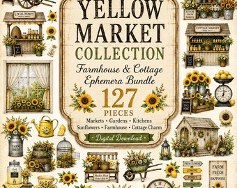 127 Yellow Themed Market Ephemera Pieces| Farmhouse Junk Journal Kit| Cottage Garden Fussy Cuts|Vintage Red Floral Printable Bundle