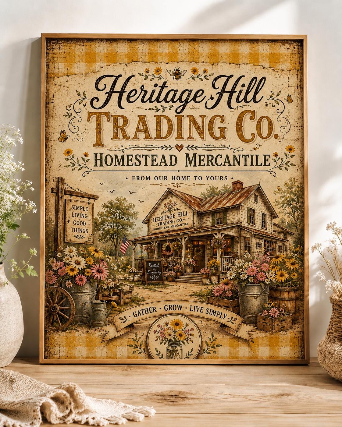 Yellow Gingham Farmhouse Decor, Vintage Country Store Sign, Mercantile ...