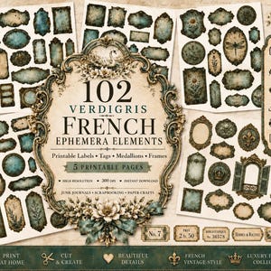 Peut inclure: Un ensemble de 102 éléments d'éphémères français imprimables en vert-de-gris, comprenant des étiquettes, des médaillons et des cadres. Le lot contient cinq pages d'articles de loisirs créatifs avec des motifs vintage et floraux.