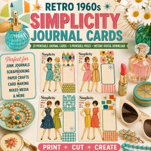 May include: A collection of four vintage-style Simplicity journal cards featuring illustrations of women in 1960s dresses, surrounded by a turquoise perfume bottle, a pearl necklace, a lipstick tube, cat-eye sunglasses, and floral decor.