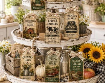 Farmhouse Homestead Tags Bundle 40| Rustic Gift Tags| Farmers Market Tags| Country Farmhouse Ephemera | Junk Journal Tags | Junk Journal Kit