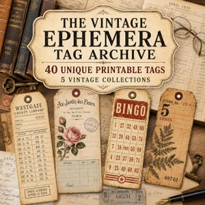 Pode incluir: Uma coleção de quatro etiquetas de papel retangulares com gráficos de estilo vintage, incluindo uma ficha de biblioteca, uma rosa, uma cartela de bingo e uma samambaia, sob uma placa com o texto THE VINTAGE EPHEMERA TAG ARCHIVE 40 UNIQUE PRINTABLE TAGS.