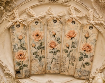 Perzik Engelse roos Tags afdrukbaar, vintage Franse botanische cadeaukaartjes, Shabby Chic junk Journal Tags, theegekleurde bloemen cadeaukaartjes