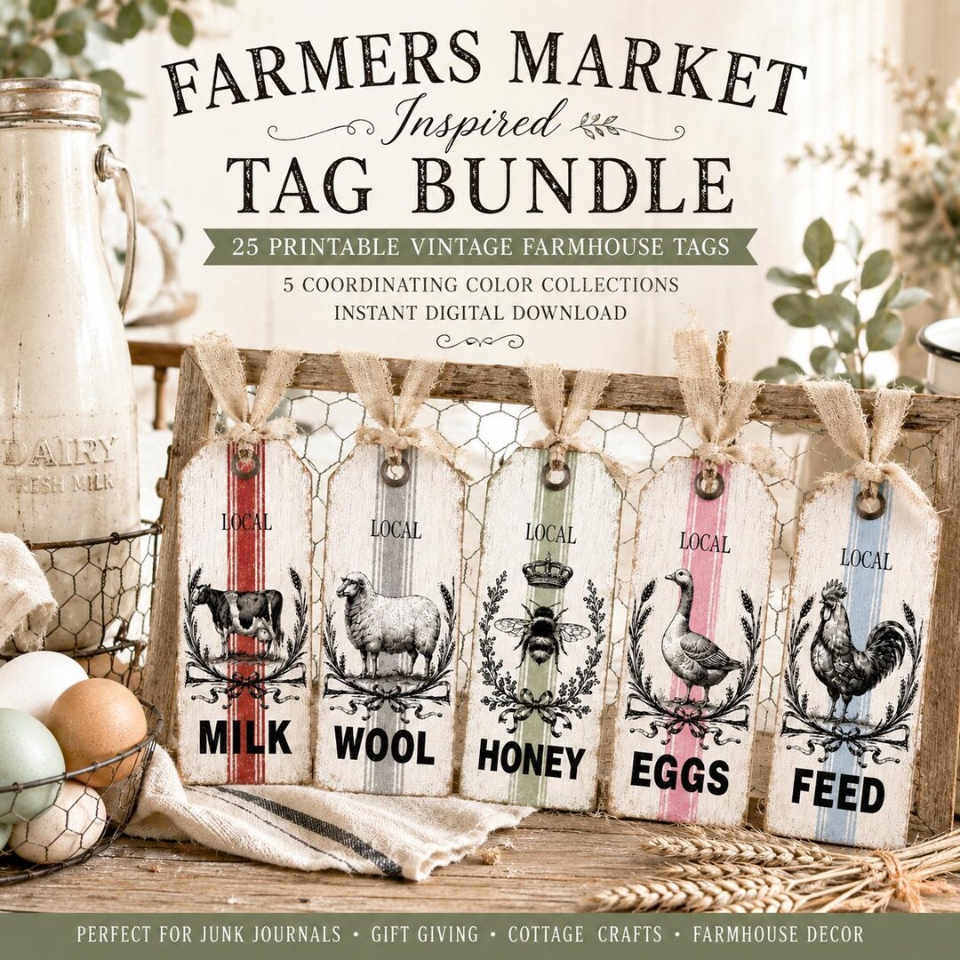 25 Farmhouse Chic Printable Tags Bundle, Colored Ticking Stripe Tags ...