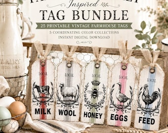 25 boerderij chique afdrukbare tags bundel, gekleurde tikkende streep tags, rustieke boerenmarkt ongewenste tijdschrift kortstondige, digitale download
