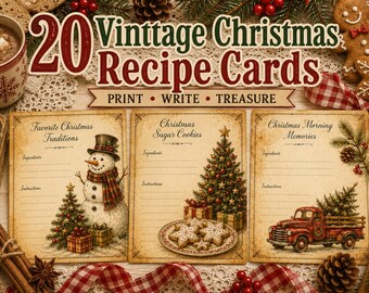 Vintage Christmas Recipe Writing Cards Printable | Holiday Journal Ephemera Cards | Santa Journal Cards | Red Truck Journal Cards