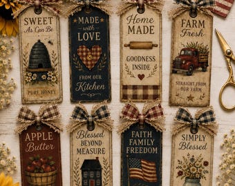 Primitive Patriotic Gift Tags, Rustic Farmhouse Printable label, Country Farmhouse Ephemera, Americana Tags, Red Truck Labels