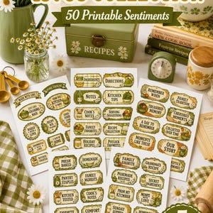 May include: A collection of 50 printable sentiments featuring retro 1970s kitchen-themed labels. The sheets display various rectangular and oval stickers with green and yellow floral patterns, decorative borders, and text related to cooking and recipes.