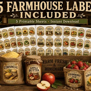 Op de afbeelding: Een verzameling van 45 boerderijlabels op 5 printbare vellen met de tekst 45 FARMHOUSE LABELS INCLUDED, 5 Printable Sheets en Instant Download. De labels bevatten vintage-stijl illustraties van producten en kruiden.