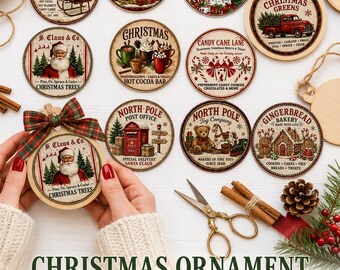 Christmas Ornament Medallions Printable| Round Christmas Decoupage Designs| Wooden Ornament Labels  | Farmhouse Holiday Paper Craft