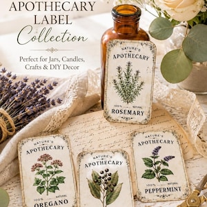 Könnte beinhalten: Eine 40-teilige botanische Apotheker-Etikettensammlung mit rechteckigen cremefarbenen Aufklebern, schwarzem Text und Vintage-Pflanzenillustrationen. Die Etiketten zeigen Rosemary, Oregano, Allspice und Peppermint mit dem Text Nature's Apothecary.