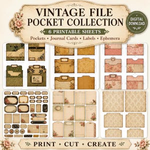 Vintage File Pocket Printable Kit | Junk Journal Pockets | Victorian Ephemera | Journaling Cards | File Folders | Digital Download