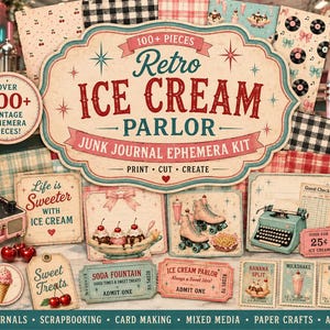 May include: A collection of vintage-style ephemera featuring ice cream parlor themes, including a pink record player, a teal typewriter, roller skates, and various paper tags with text like Life is Sweeter with Ice Cream and Admit One.