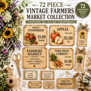 May include: A 72-piece vintage farmers market collection featuring printable labels, tags, and price cards with illustrations of strawberries, apples, and carrots. The set includes text like Sweet Strawberries, Apples, and Farm Fresh Carrots.