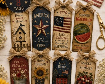 Primitive Americana Tags Bundle, Rustic Farmhouse Printable Tags, Patriotic Country Ephemera, Country Farmhouse Ephemera Digital Download