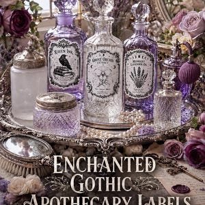 May include: A collection of glass apothecary bottles and jars with faceted crystal stoppers, featuring labels labelled Raven Ink, Ghost Orchid Extract, and Midnight Lavender Oil, arranged on a silver tray with pearls and floral accents.